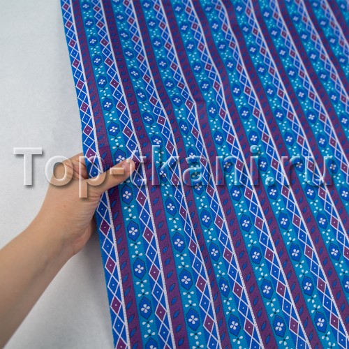 Ситец набивной - Полоски с узорами (синий) (ширина 80 см)